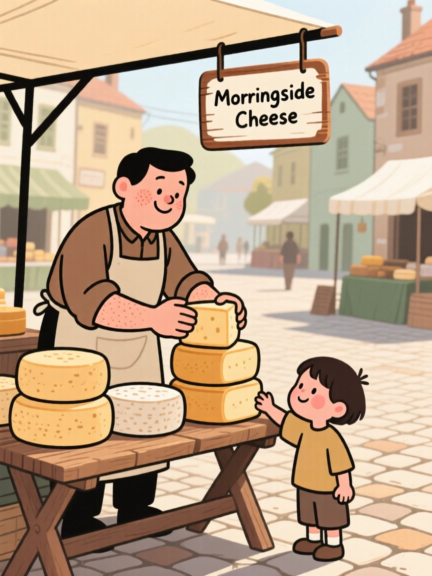 A cheese maker arranges wheels of cheese at a bustling village square market, greeting a curious child with a warm smile in the morning sun.