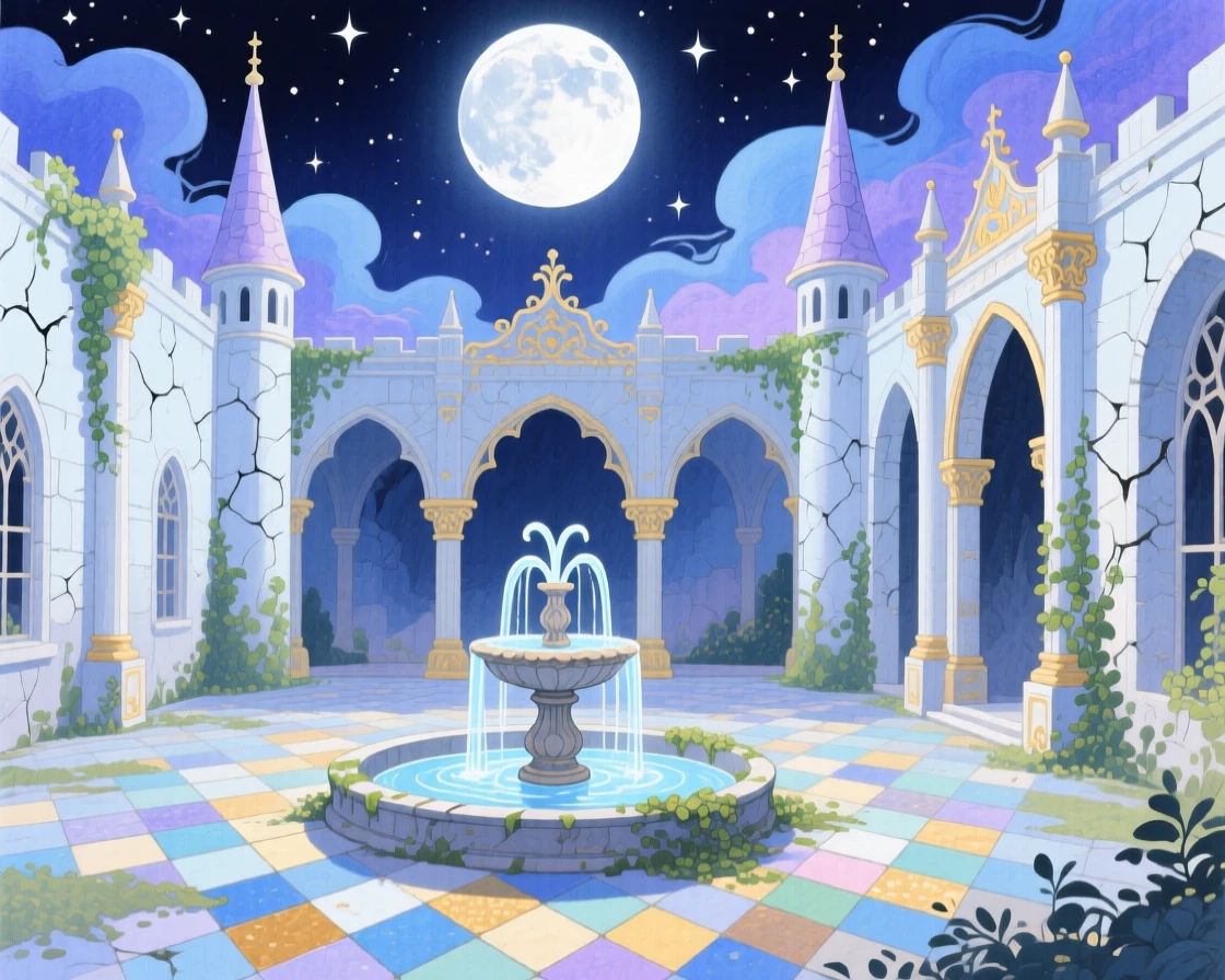 An awe-inspiring look at a moonlit courtyard of an abandoned fairy-tale palace.