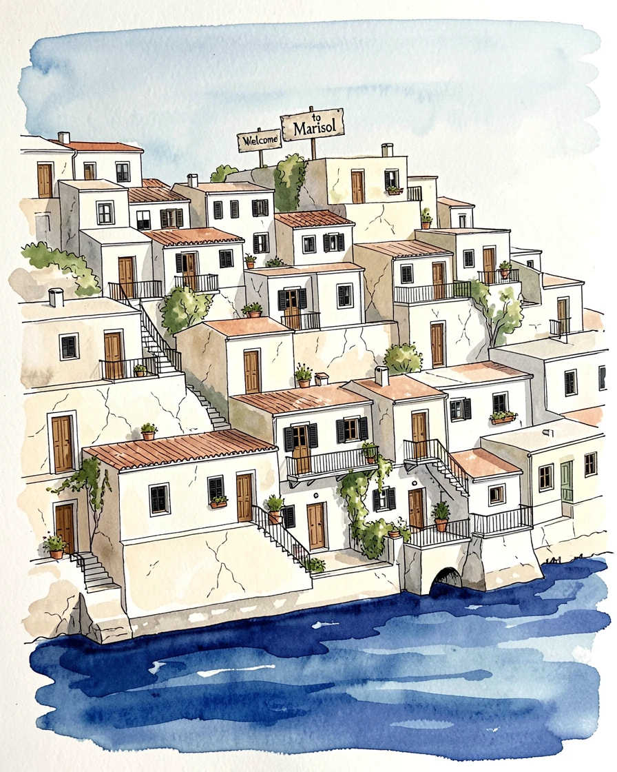 A terraced hillside town with whitewashed buildings cascading down toward a deep blue sea