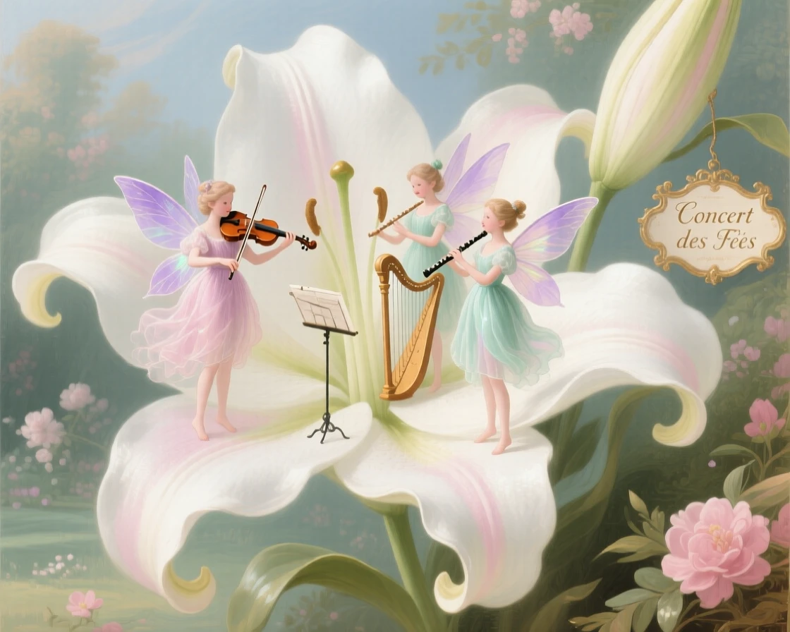 A tiny fairy orchestra performing inside a giant lily bloom  