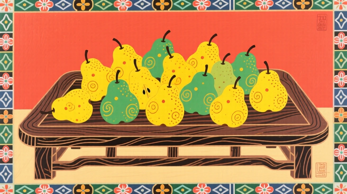A bowl of fresh pears scattered across a low wooden table.