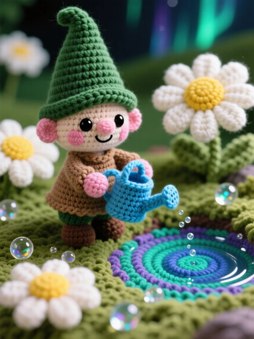 A charming portrait of a tiny gnome gardener, with a pointed hat and round rosy cheeks, watering a bed of oversized daisies beside a scattering of shimmering dewdrops in a shimmering pond reflecting the northern lights, conveying curious innocence meeting a magical world.