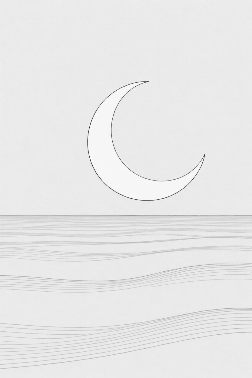 A crescent moon rising over a calm ocean horizon