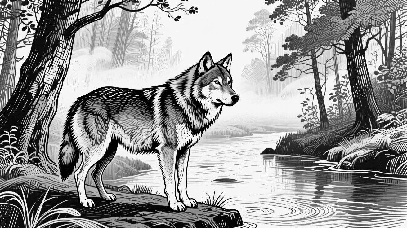 A wandering wolf beside a calm woodland stream, against a backdrop of drifting mist, capturing a calm and dignified moment in nature with a strong, centered focal point.