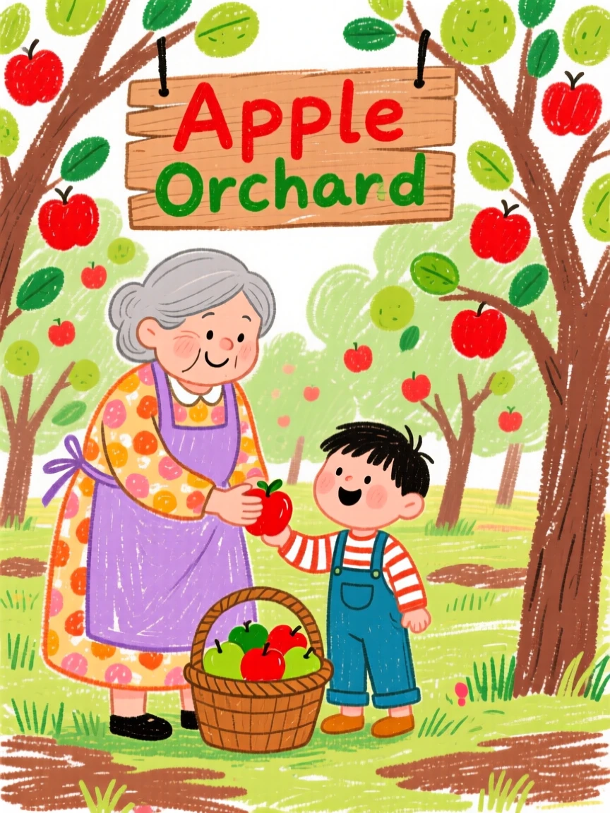 A grandmother and her grandchild picking apples together in an orchard.