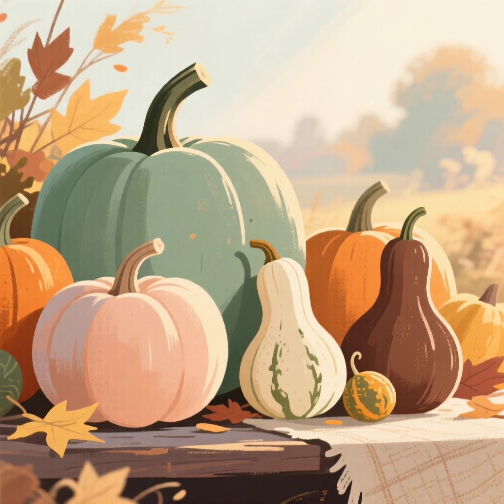 A rustic display of pumpkins and gourds for an autumn harvest