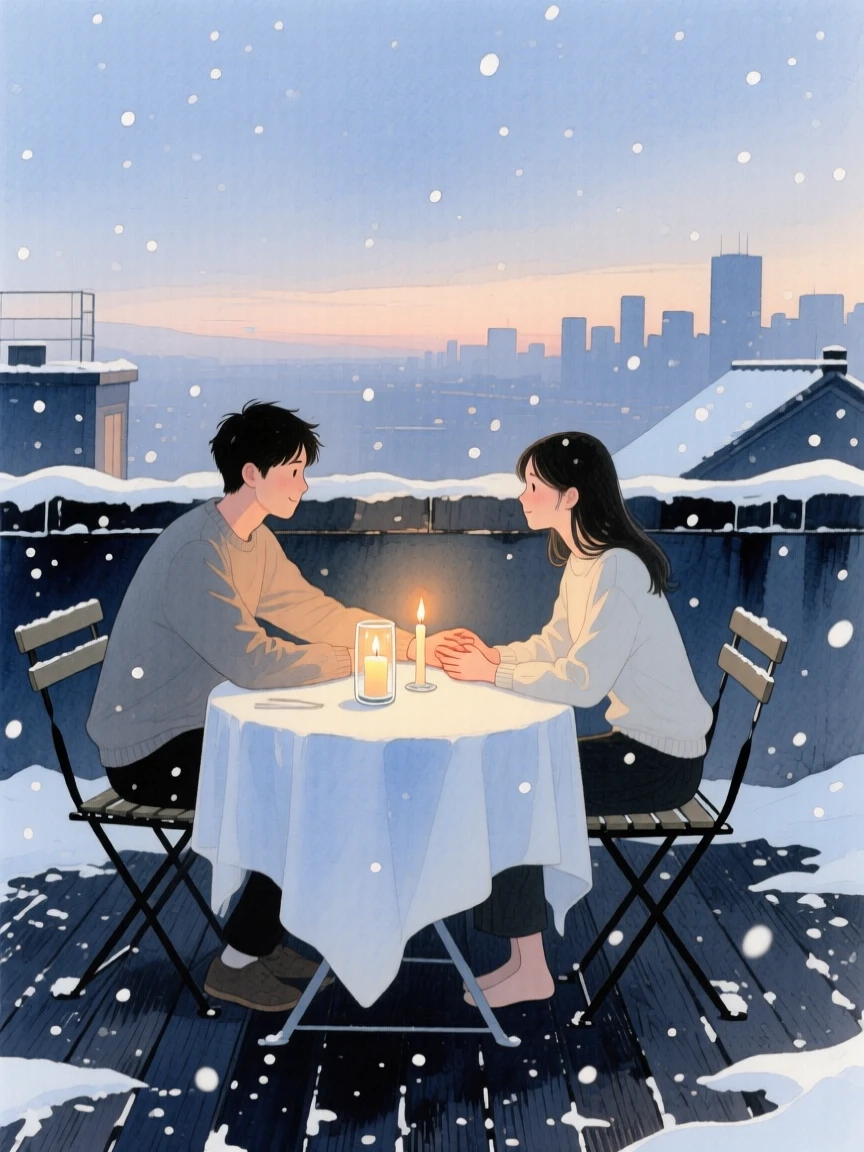A tender moment of a candlelit rooftop dinner, as snow falls softly around them, capturing quiet affection between two people
