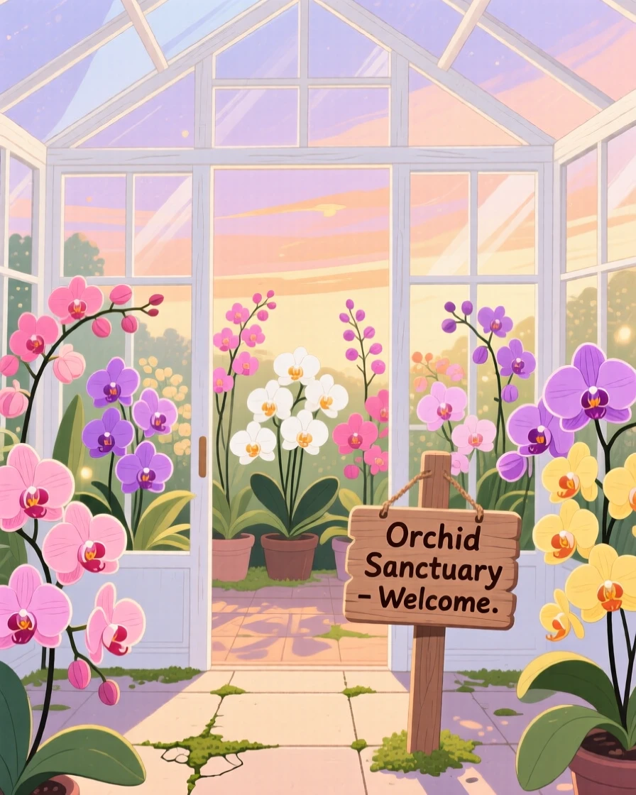 A greenhouse full of blooming orchids, glowing softly as evening falls.