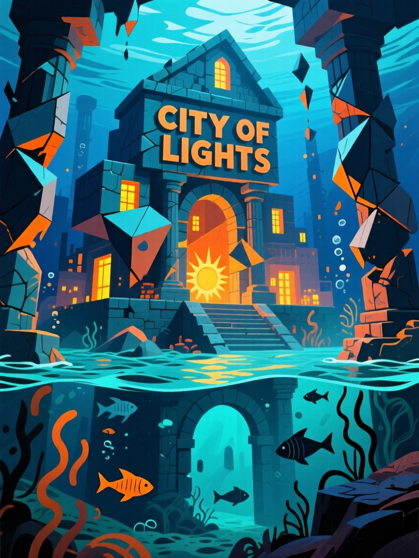 A magical scene of a sunken city glowing beneath the waves within the ruins of a forgotten temple.