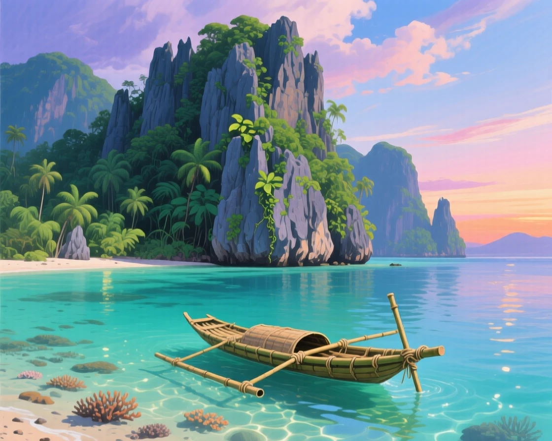 A tropical island in Palawan rises steeply from turquoise water, limestone cliffs draped in jungle, a small bamboo raft floating in the calm lagoon below, subtle color shifts across the sky suggesting the slow passage of time within the scene.