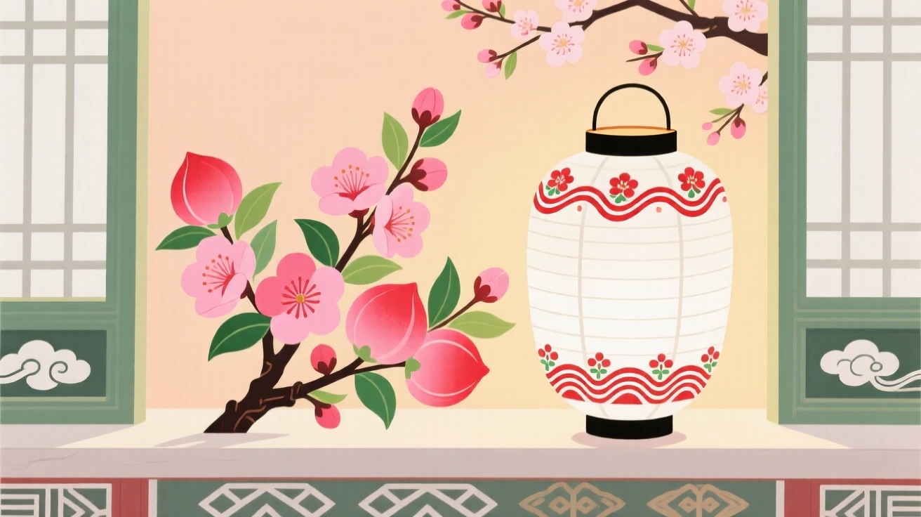 A still arrangement of peach blossoms in early spring beneath a paper lantern on a windowsill.