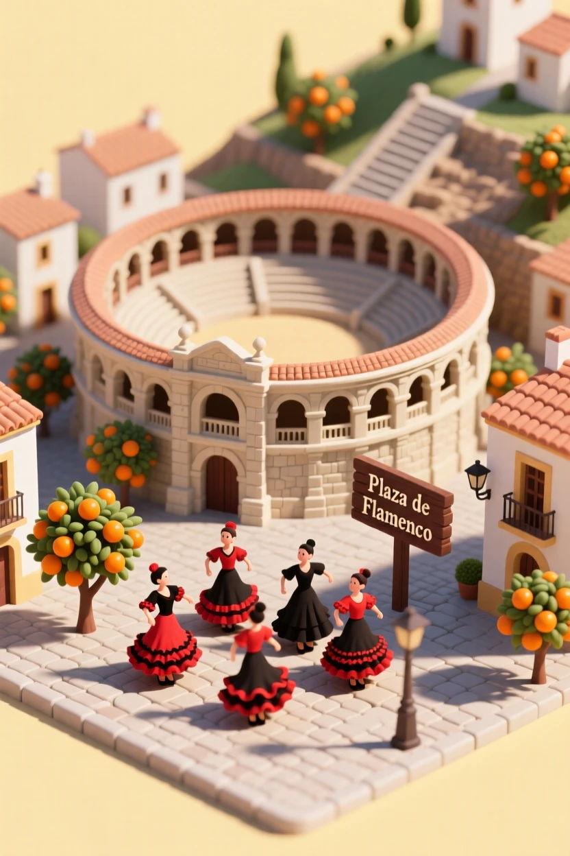 A miniature Spanish hill town with a bullring, orange groves on the outskirts, and flamenco dancers performing in a sunlit plaza.