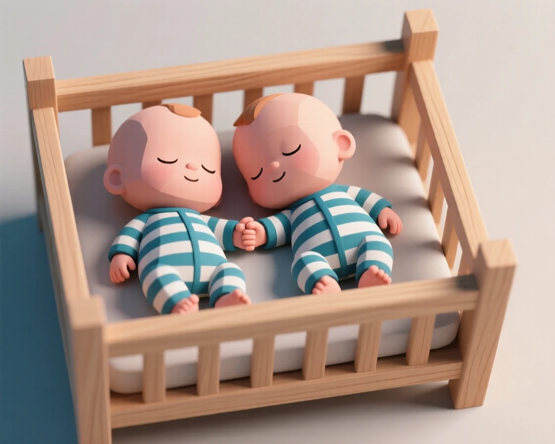 Twin babies in matching striped pajamas nap peacefully together, tiny hands touching inside a wooden crib.