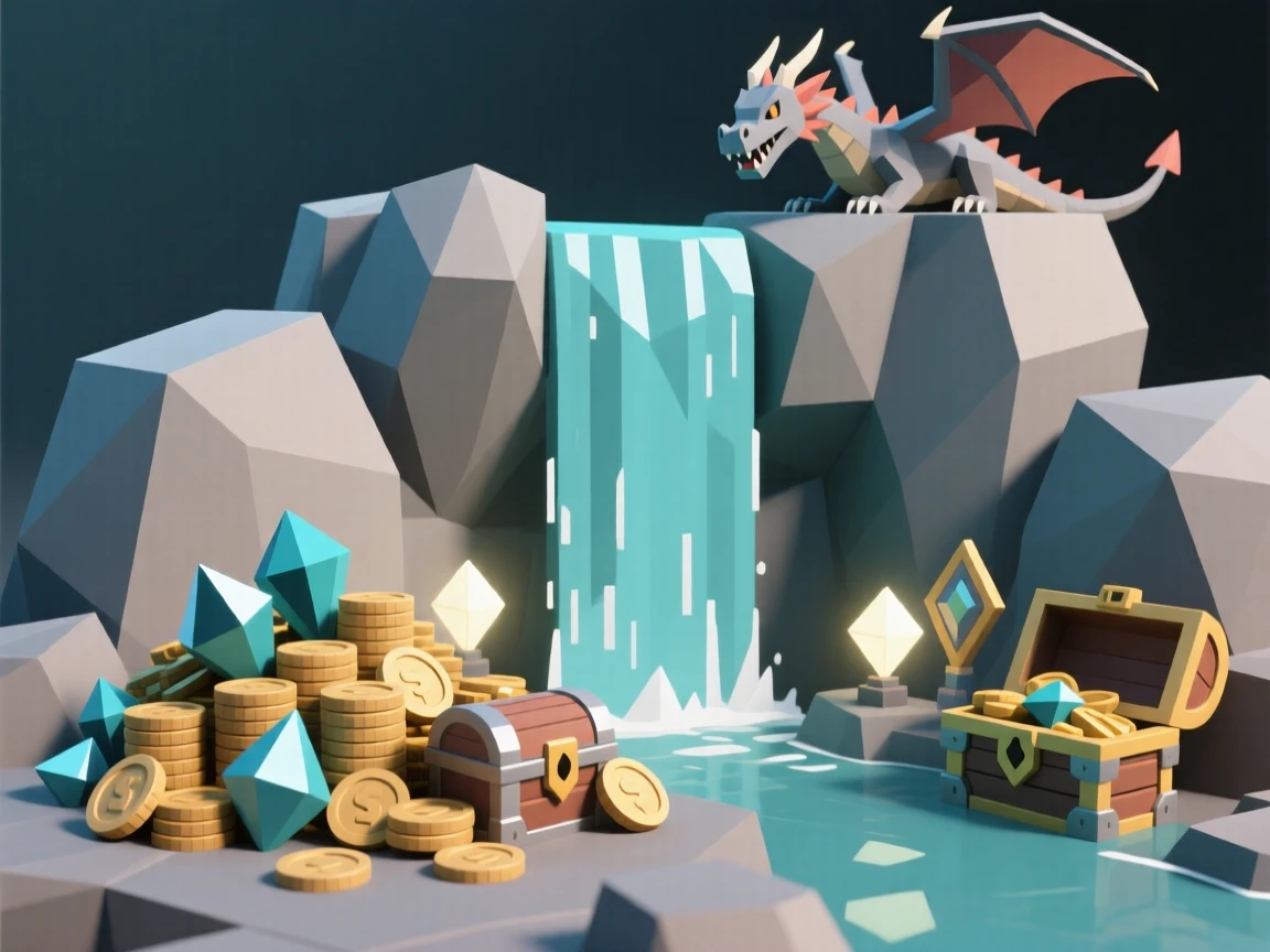 A dragon's hoard of glittering treasure, beside a waterfall that glows with soft light. soft glowing light sources create dramatic highlights. The moment feels suspended between worlds.