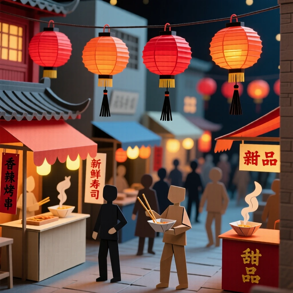 A bustling night market in an Asian city, strings of red lanterns glowing above food stalls filled with steam, crowds moving beneath the warm light, capturing vibrant cultural energy.