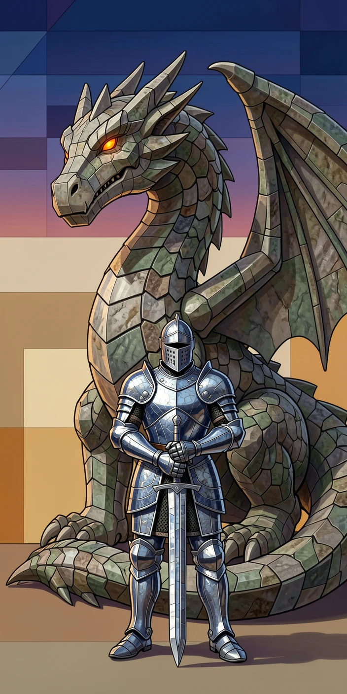 A knight standing before a colossal ancient stone dragon statue.