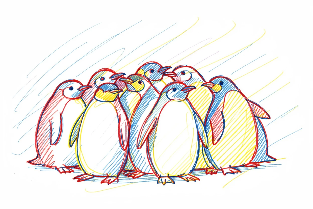 A group of penguins huddled together against a howling Antarctic wind