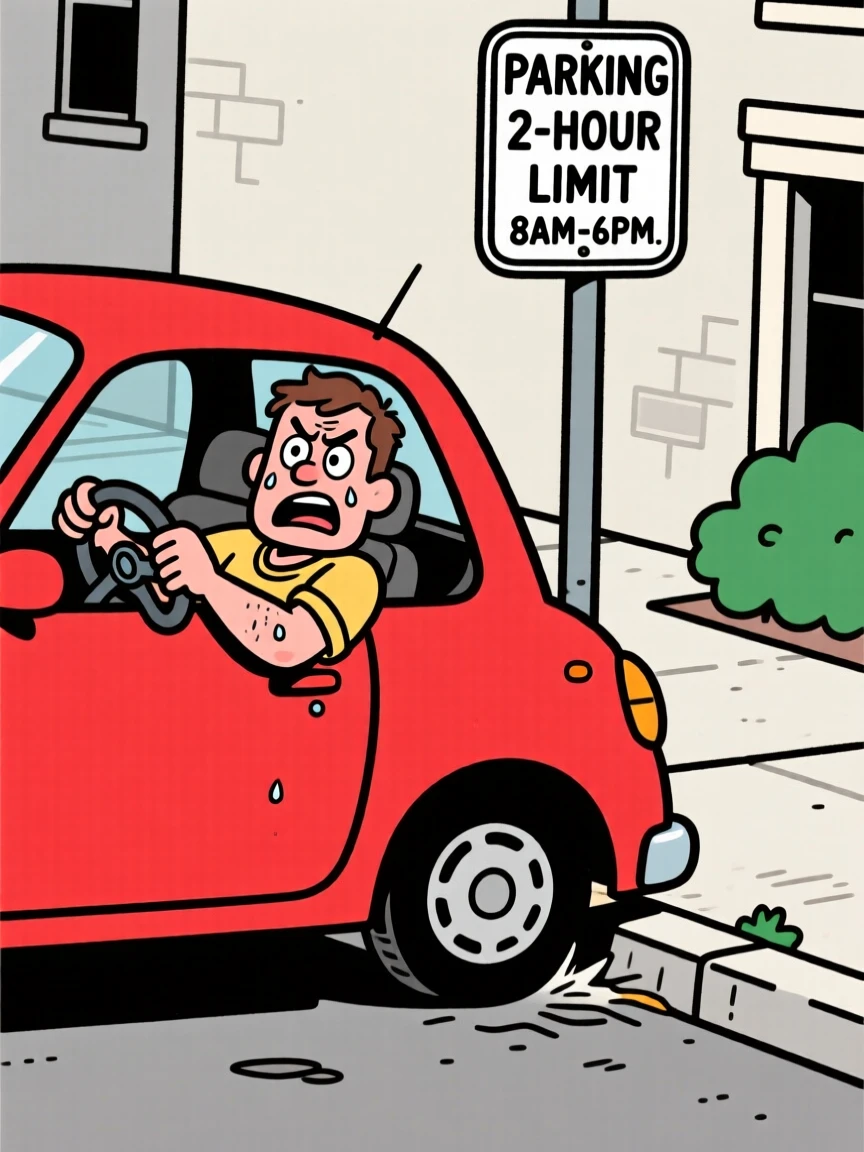A funny expressive moment showing a man trying to parallel park, sweat beading as he cranks the wheel with a strained expression.