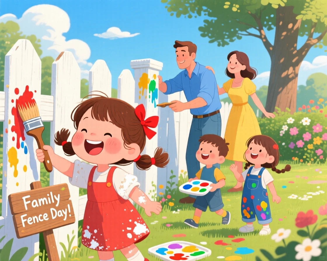A small girl with pigtails laughs while painting a fence together on a sunny day together with their whole family, with flour dusting their sleeves.