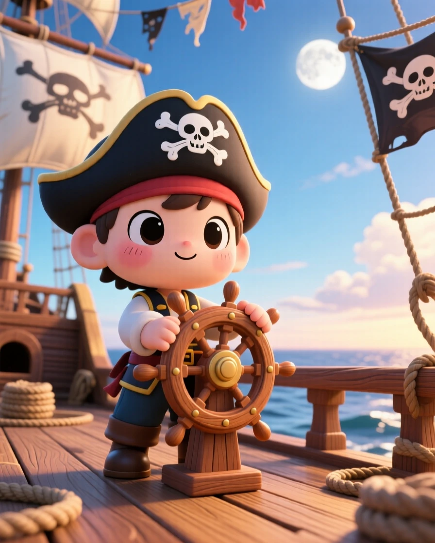 A small pirate captain steering a toy-sized ship's wheel with determination, framed as a low-angle shot looking up within the deck of a wooden pirate ship, on a breezy coastal afternoon, glowing under soft moonlight, evoking shy bashfulness.