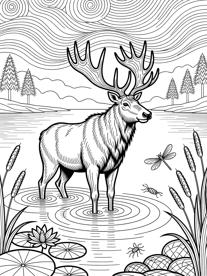 A moose wading through a misty lake at dawn.