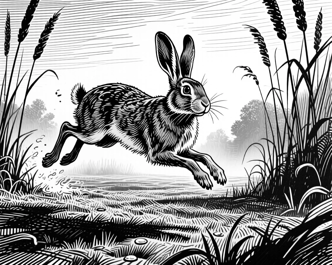 A hare frozen mid-leap in a garden at first light, framed by tall reeds, capturing a mysterious and alert moment in nature with a strong, centered focal point.