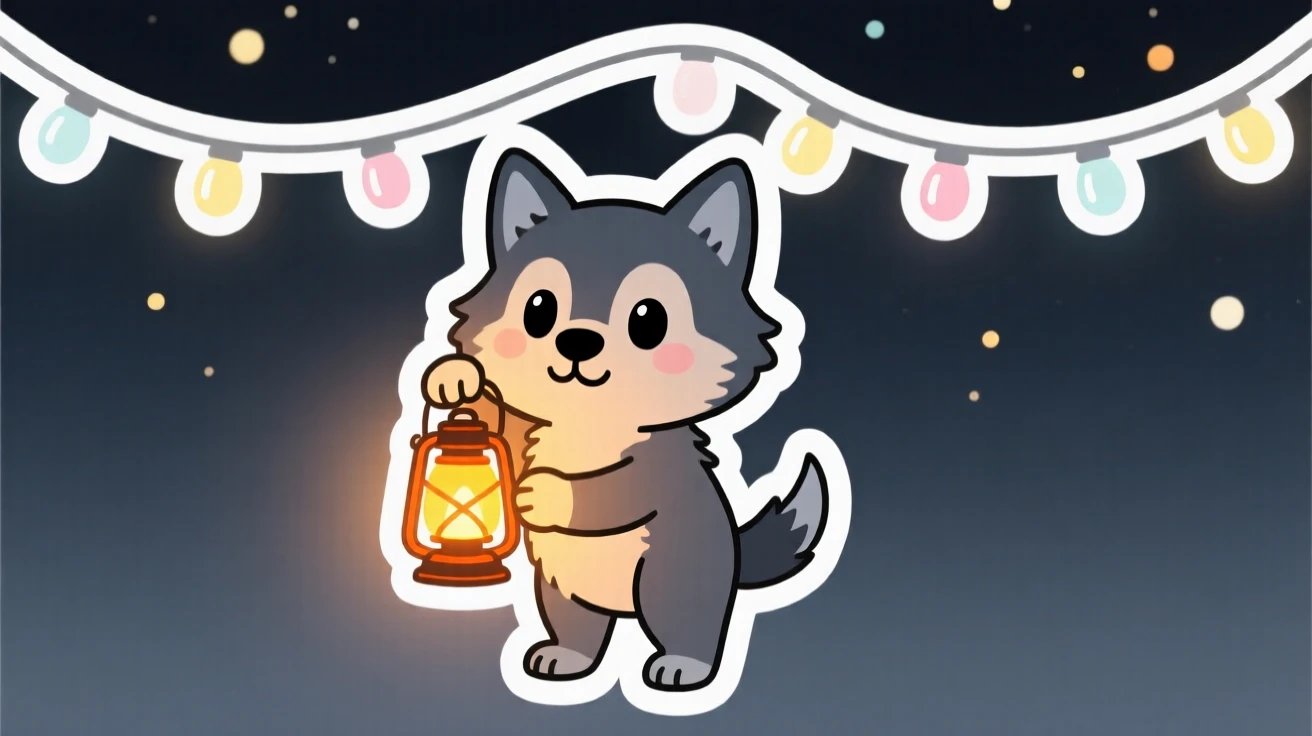 A bright-eyed little wolf pup holding a glowing lantern at night, under a string of fairy lights.