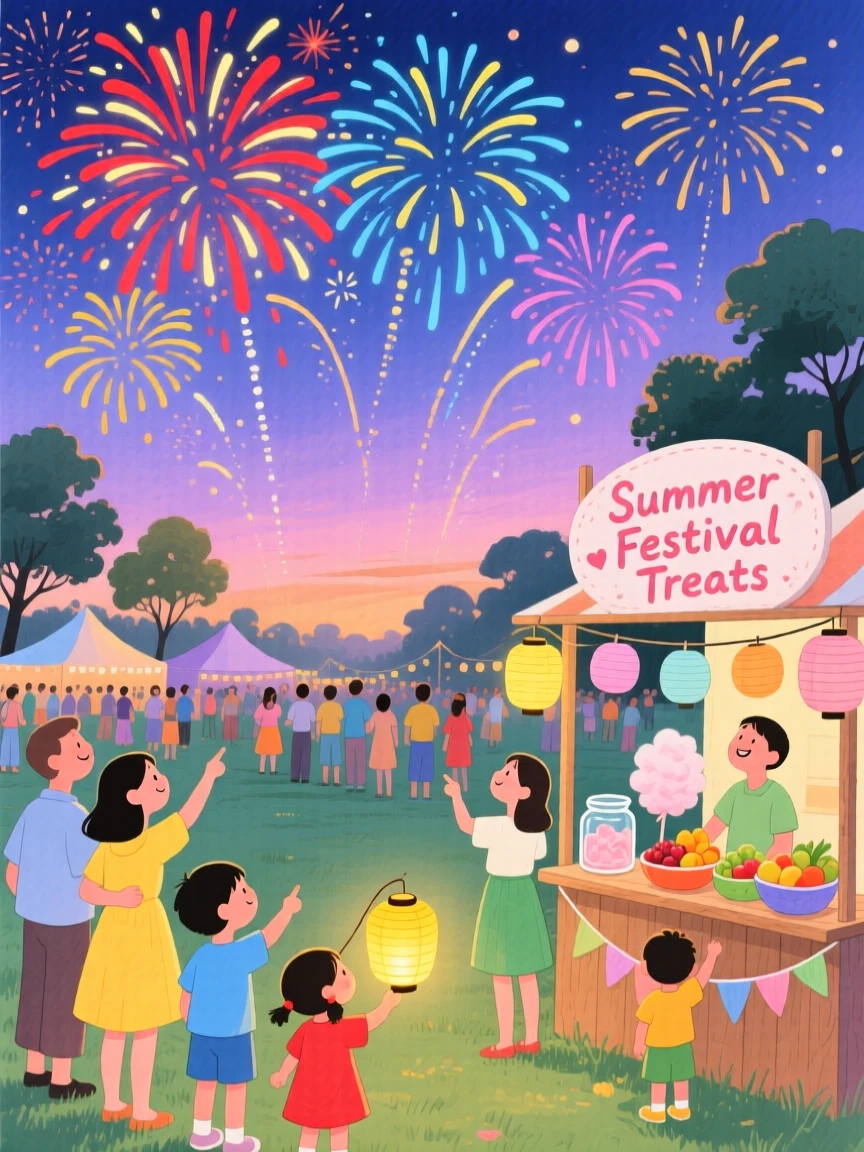 A heartwarming holiday moment: fireworks lighting up the sky above a summer festival.