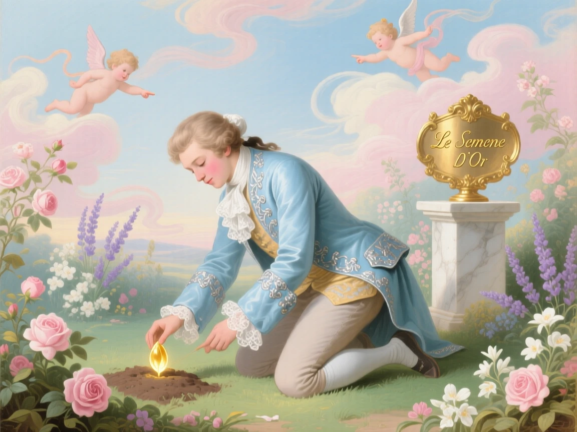 A prince planting a golden seed in an enchanted garden  
