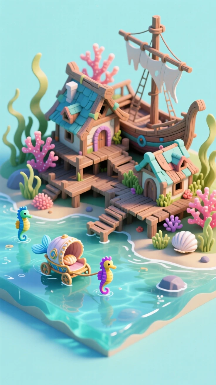 A mermaid lagoon village built from coral and shipwreck timber, with kelp gardens swaying and seahorses pulling small shell carriages through the water.