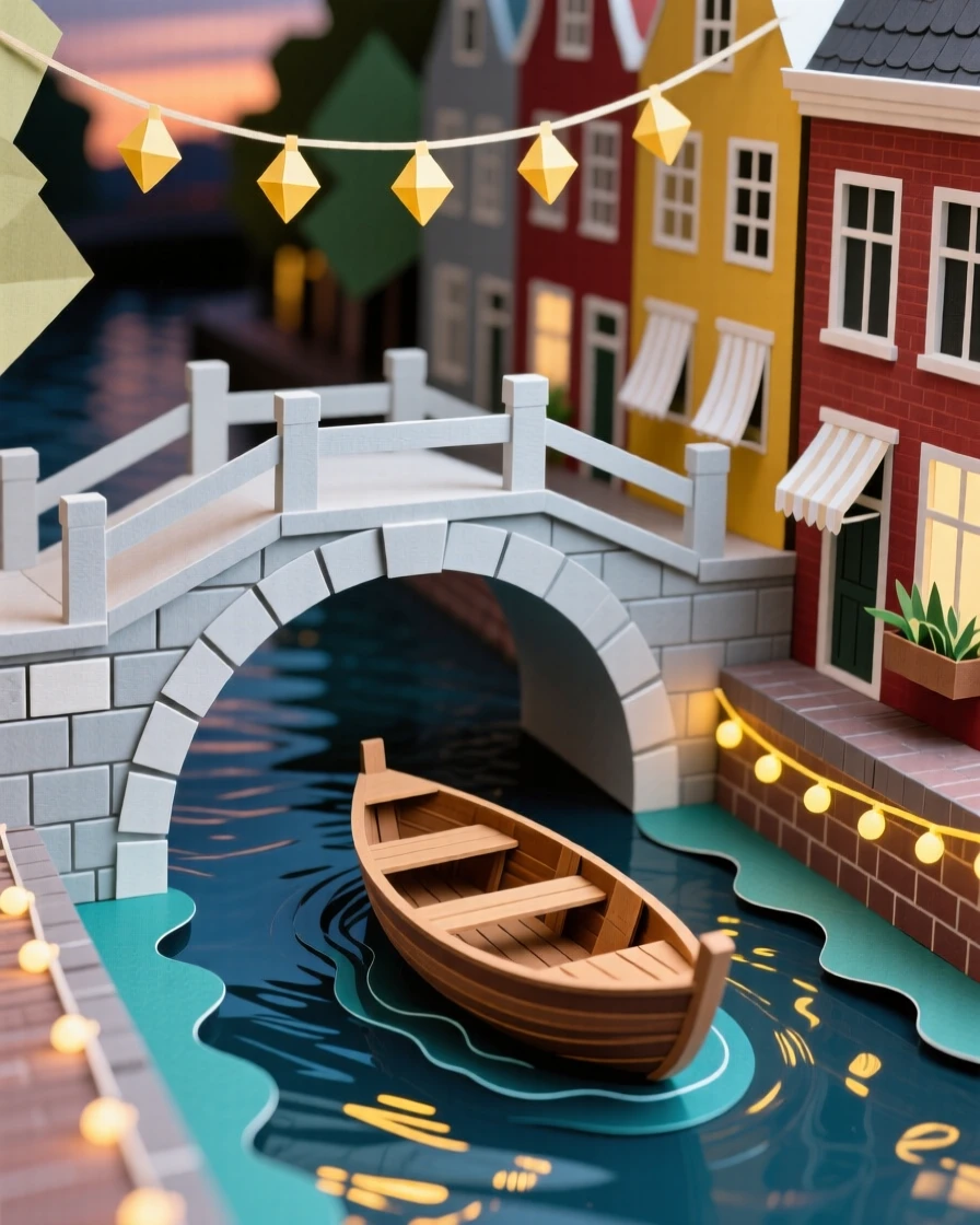 A quiet canal in Amsterdam lined with narrow townhouses at dusk, a small boat drifting beneath an arched stone bridge, string lights reflecting on the water, evoking cozy European charm.
