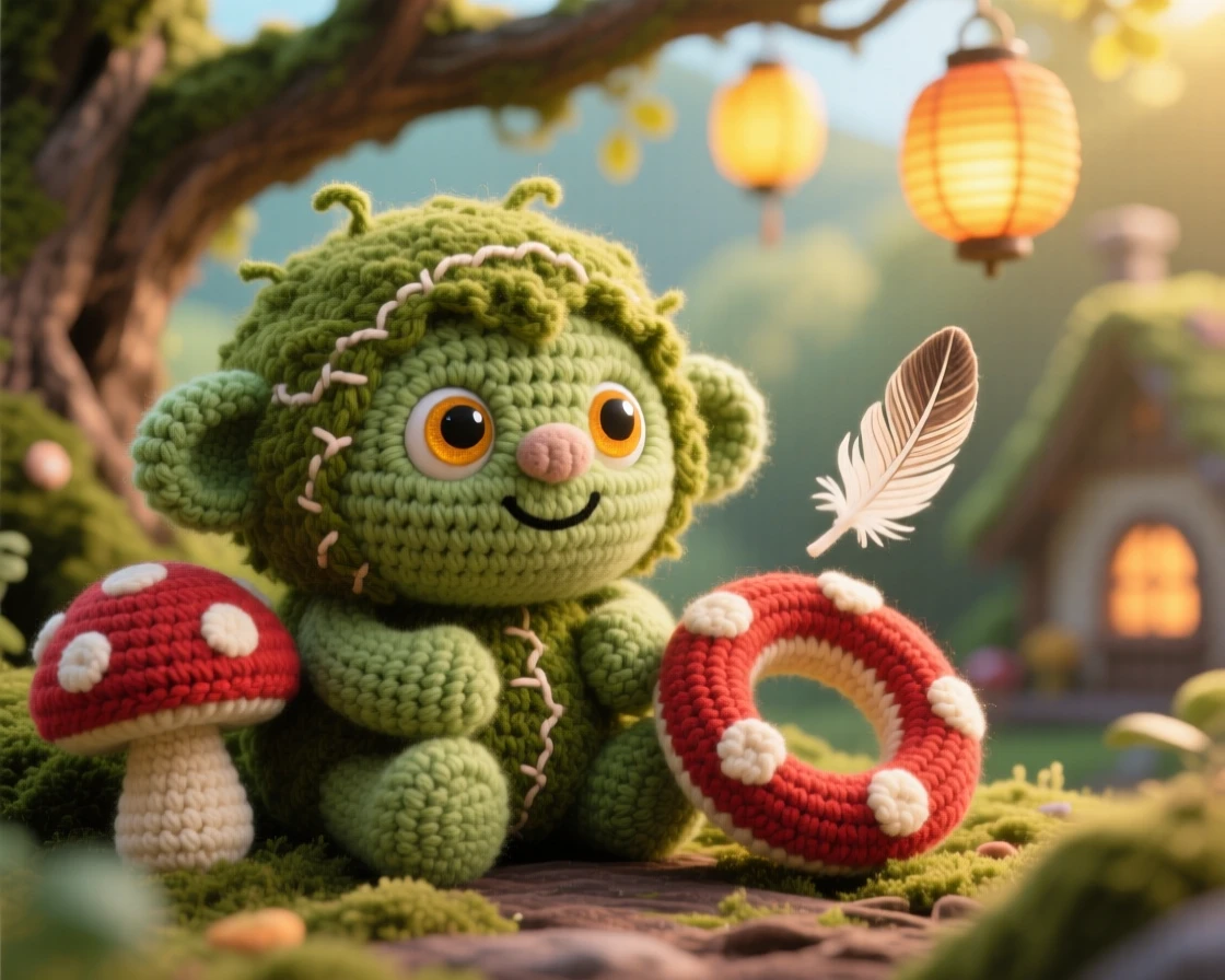 In a sunlit treetop village strung with lanterns, a round moss troll with a body covered in soft green moss is captured curling up beside a mushroom ring, surrounded by a single floating feather catching the light, filled with playful whimsy and lighthearted charm.
