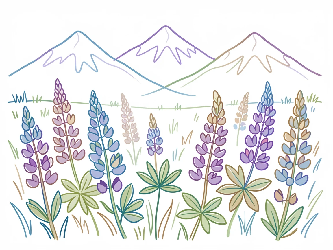 A meadow of lupines stretching toward distant snow-capped mountains.