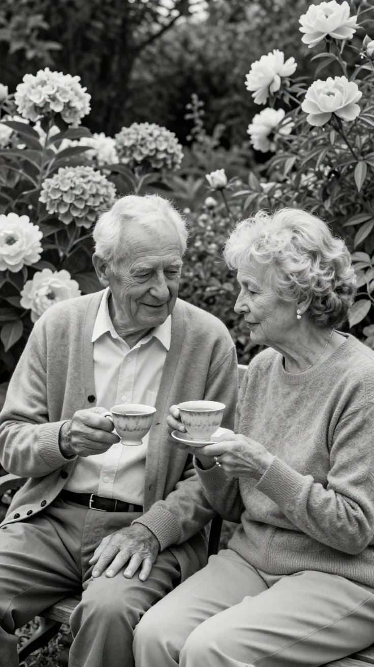An elderly couple shares a quiet cup of tea beside a blooming garden.