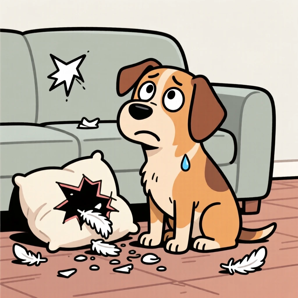 A funny expressive moment showing a dog guiltily sitting beside a torn-up couch cushion, feathers scattered everywhere.