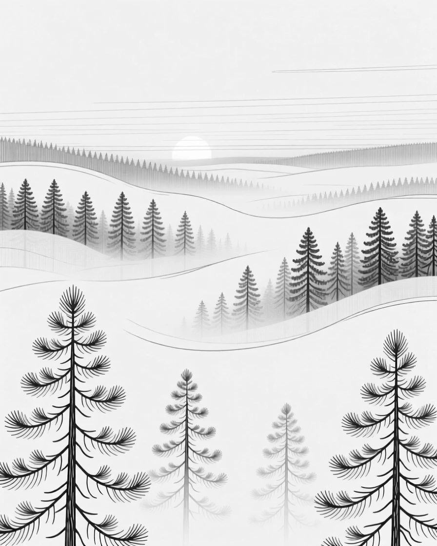 A dense fog rolling over a pine forest at dawn