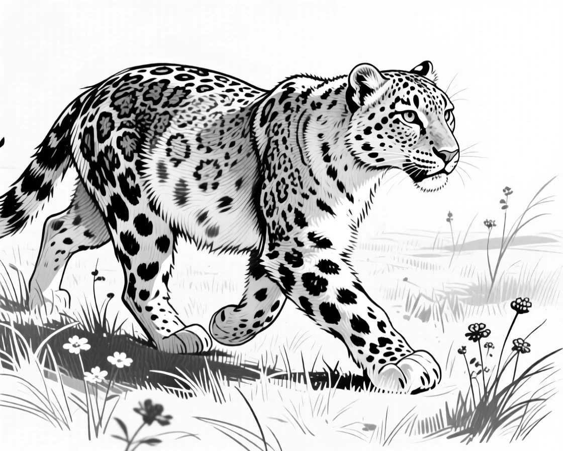 A snow leopard in a sunlit meadow, muscles tensed mid-stride, capturing a noble and powerful moment in nature with a strong, centered focal point.