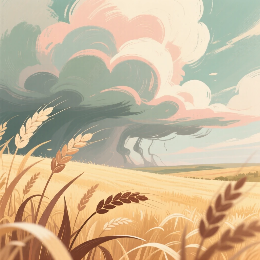 A golden wheat field rolling beneath billowing storm clouds