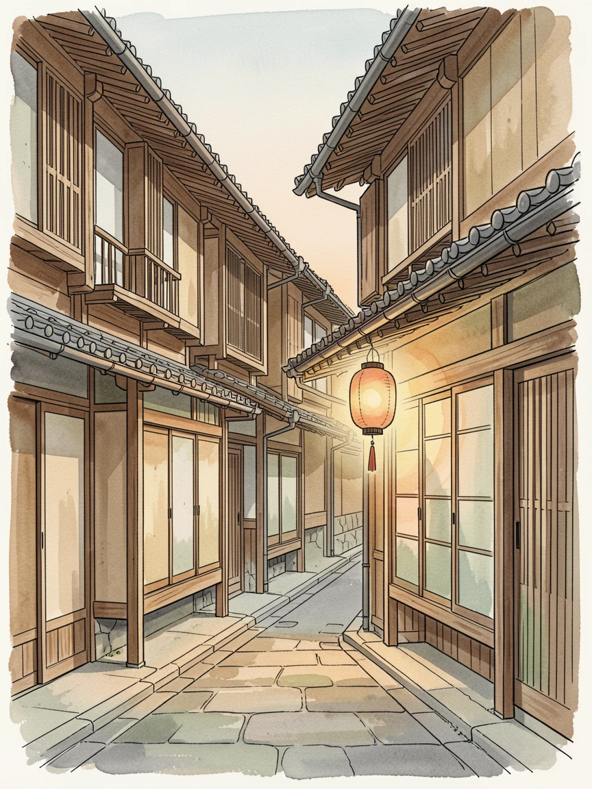 A quiet Kyoto side street lined with wooden machiya houses and a single glowing paper lantern