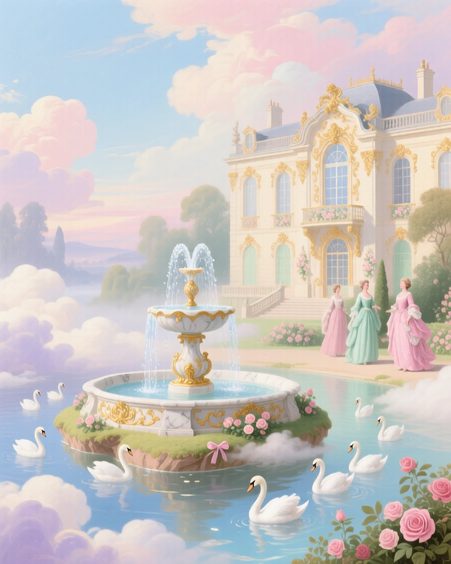 A cloud island with marble fountains, swans, and a palace in the distance  