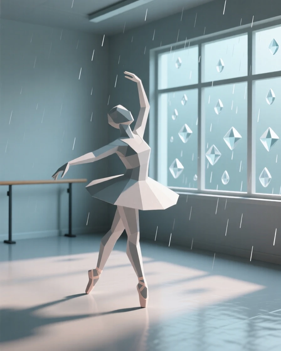 A dancer rehearsing gracefully in an empty studio, on a quiet rainy afternoon. natural light enhances the vibrant colors of the scene. The atmosphere feels peaceful and mindful.