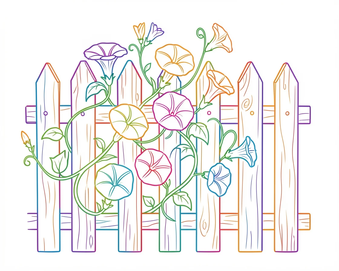 A vine of morning glories climbing a weathered picket fence at sunrise.