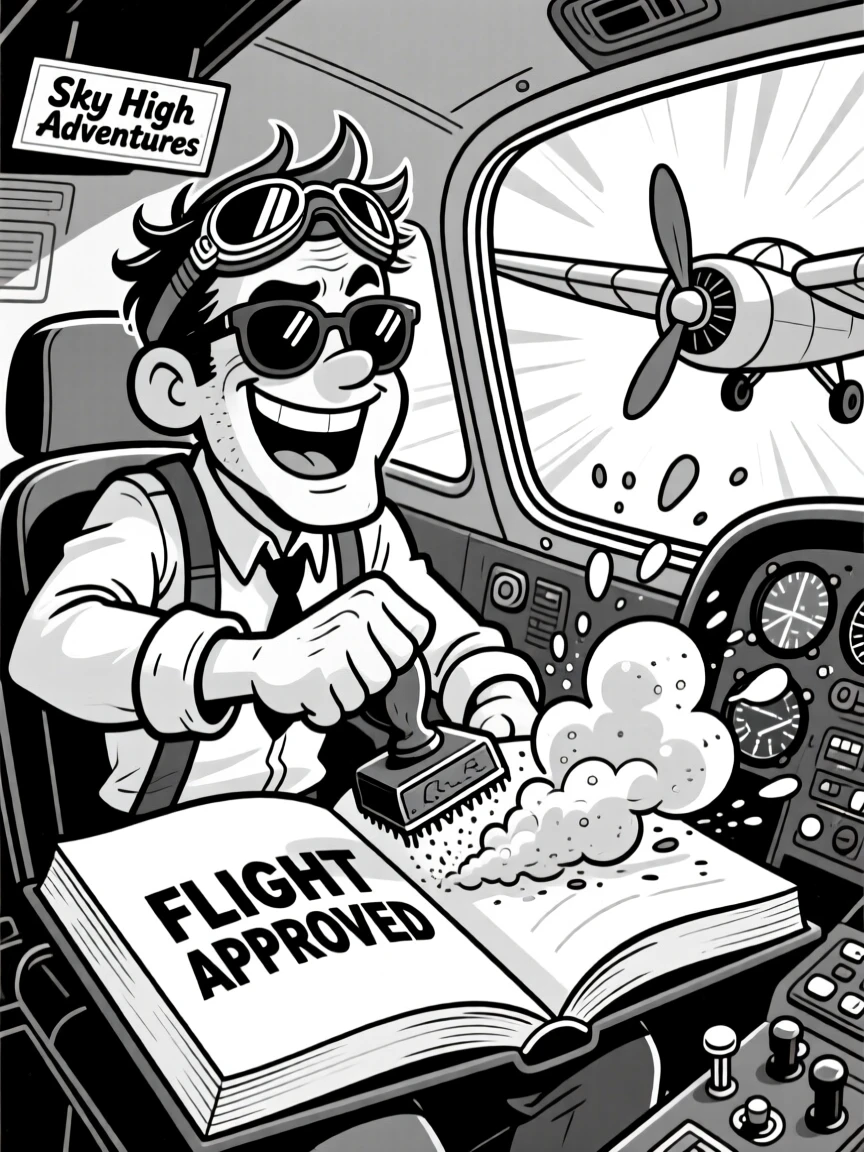 A confident pilot with aviator sunglasses, stamping a book with dramatic force, set in the cockpit of a small propeller plane. Chalk dust floats in a sunbeam. There's pride and humor woven into the moment.