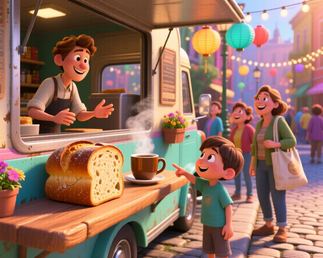 A rustic loaf of sourdough bread sits at a food truck window on a lively street, next to a steaming cup of coffee. The mood is festive and appetizing.