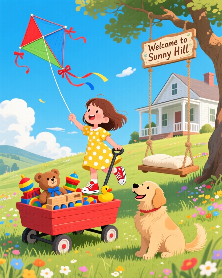 With a beloved family dog close by, a girl with a wagon full of toys is flying a kite on a breezy hilltop, while the porch swing creaks gently.