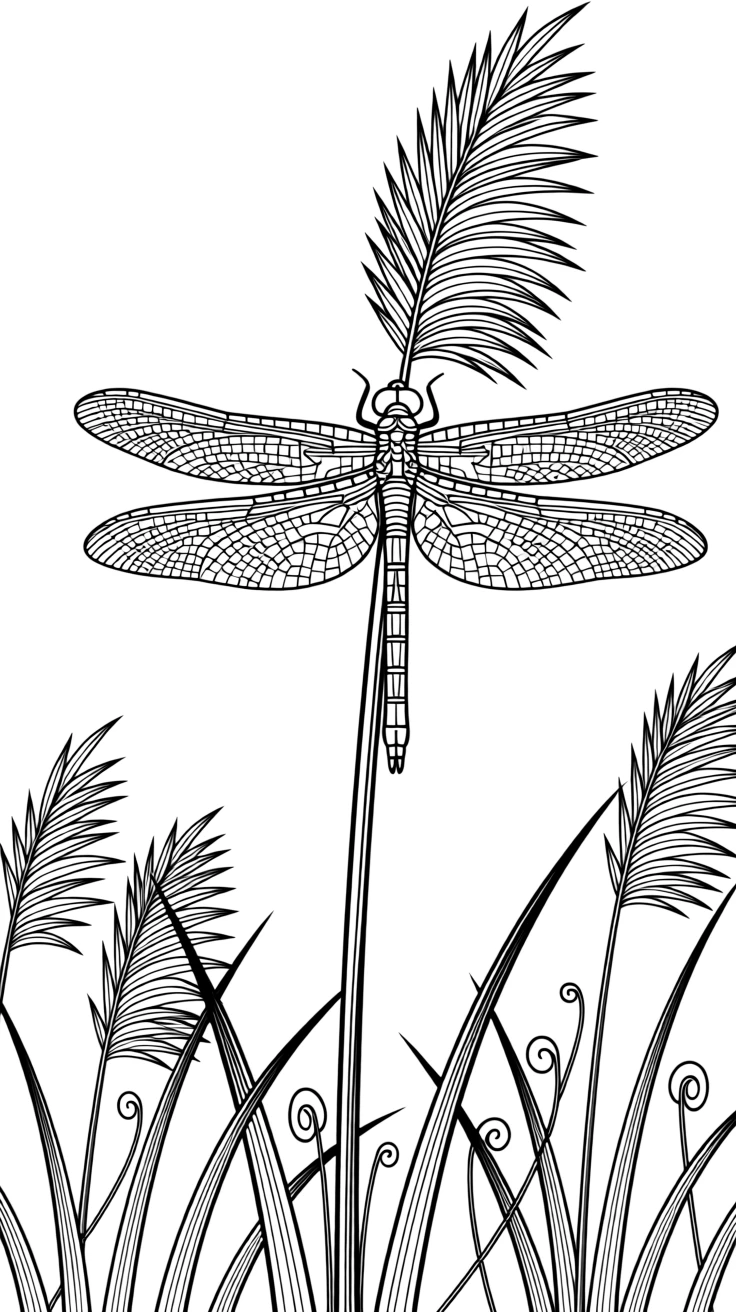 A dragonfly with intricately veined wings resting on a reed.