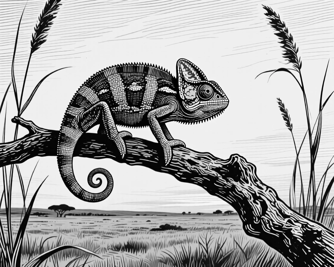 A chameleon on a branch on an open savanna at dusk, framed by tall reeds, capturing a calm and dignified moment in nature with a strong, centered focal point.