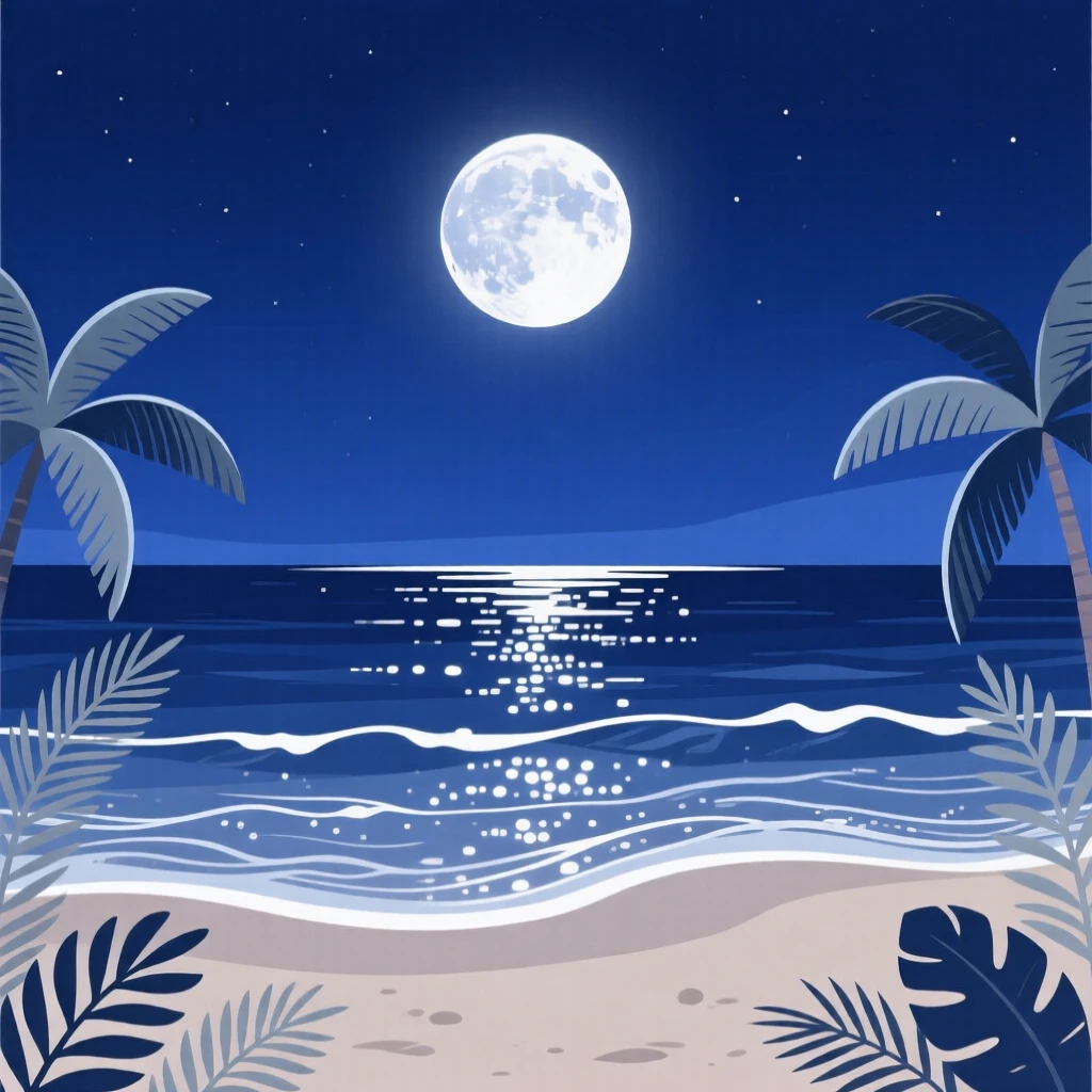 A moonlit beach with gentle waves catching silver light, under a deep indigo twilight sky, framed symmetrically to create a calm, balanced feel, with delicate textures visible in every leaf and petal.