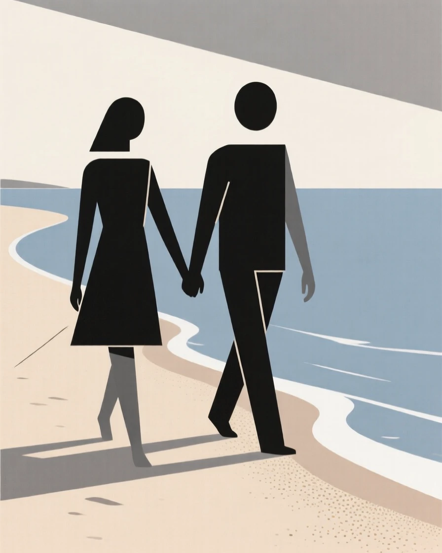 A couple walking hand in hand along a shoreline
