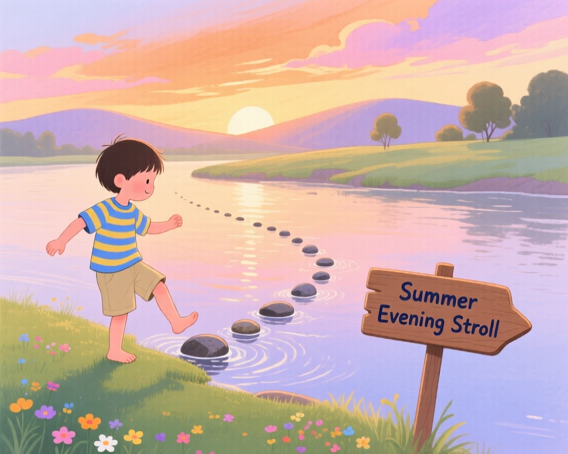 A child skipping stones across a calm river on a summer evening.
